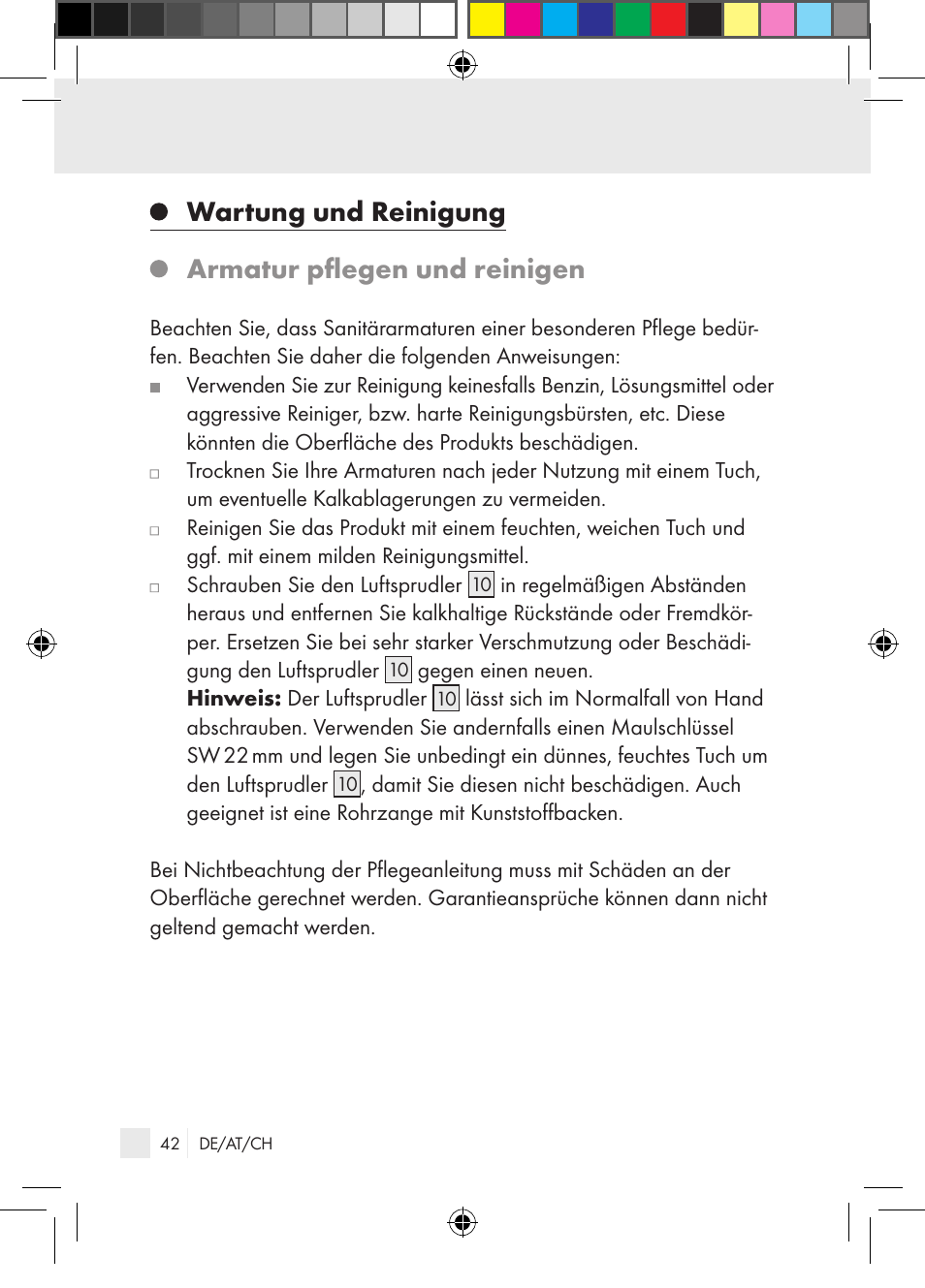 Wartung und reinigung armatur pflegen und reinigen | Miomare Single-lever mixer User Manual | Page 42 / 65