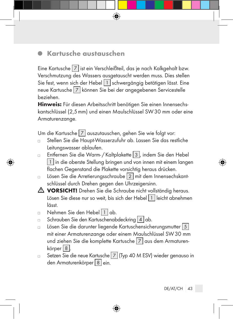 Kartusche austauschen | Miomare Single-lever mixer User Manual | Page 43 / 65
