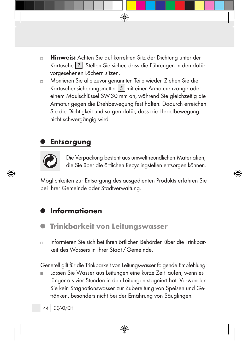 Entsorgung, Informationen trinkbarkeit von leitungswasser | Miomare Single-lever mixer User Manual | Page 44 / 65