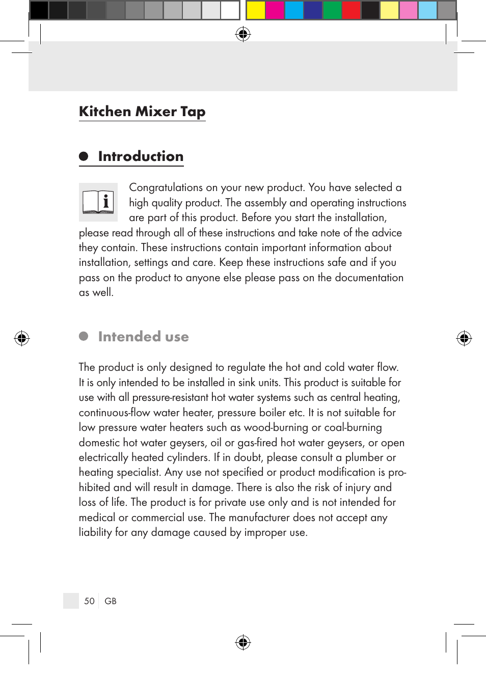 Kitchen mixer tap introduction, Intended use | Miomare Single-lever mixer User Manual | Page 50 / 65