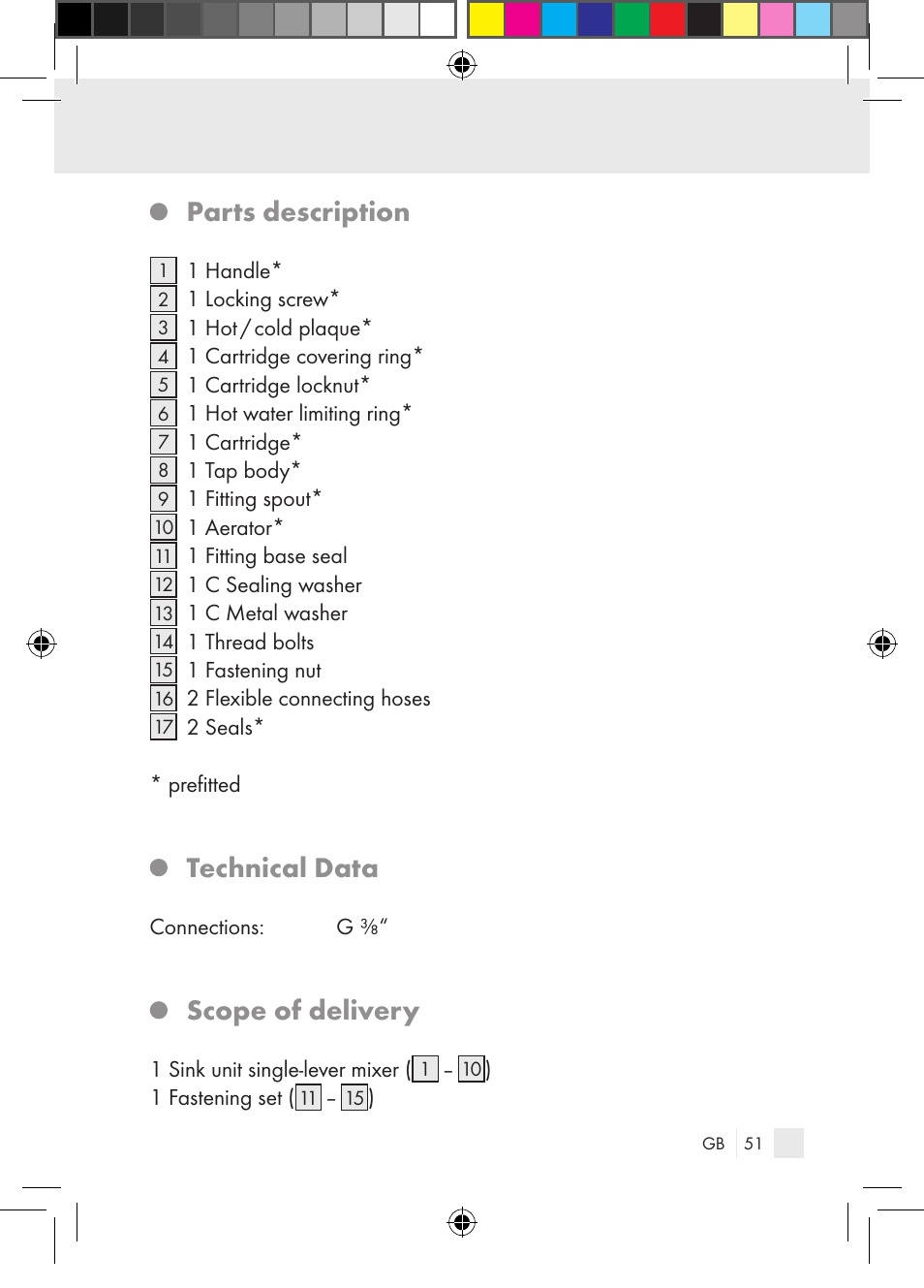 Parts description, Technical data, Scope of delivery | Miomare Single-lever mixer User Manual | Page 51 / 65