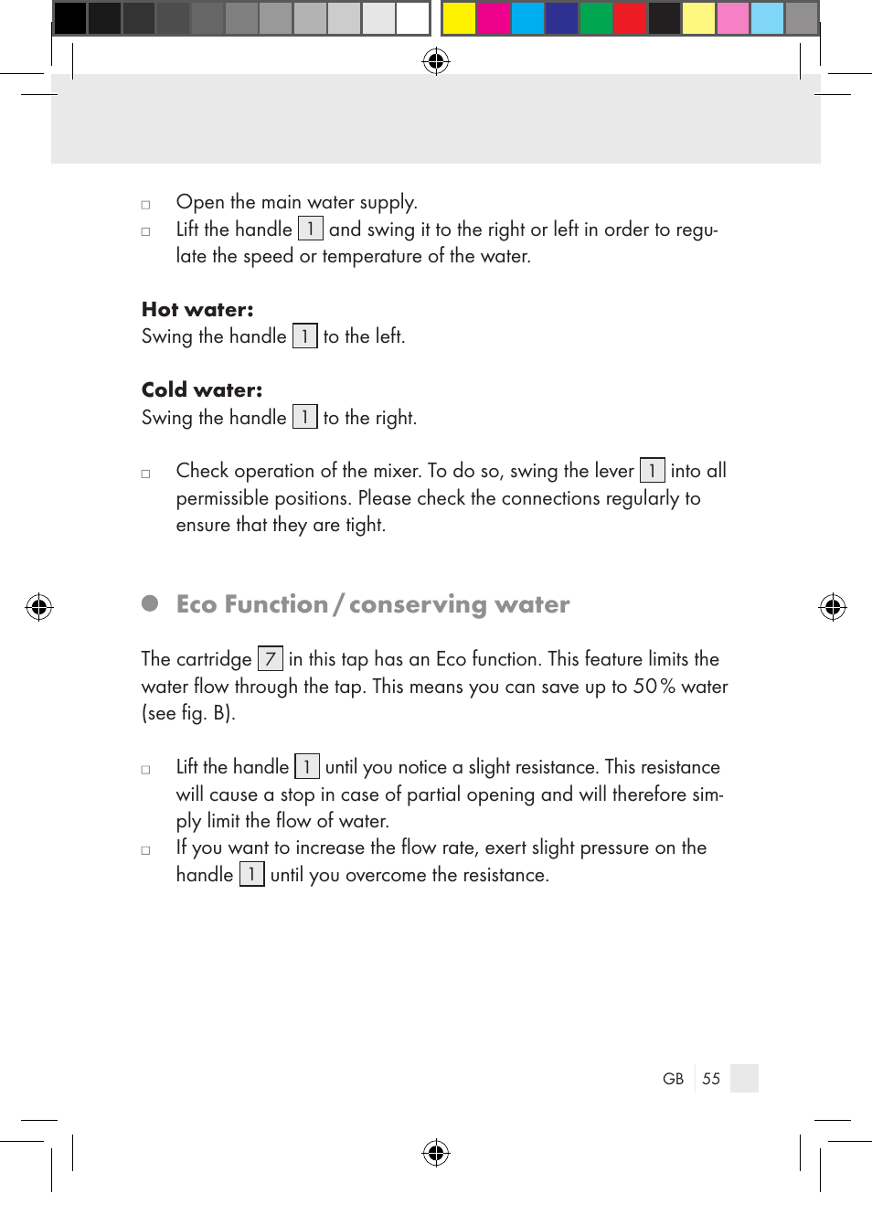 Eco function / conserving water | Miomare Single-lever mixer User Manual | Page 55 / 65