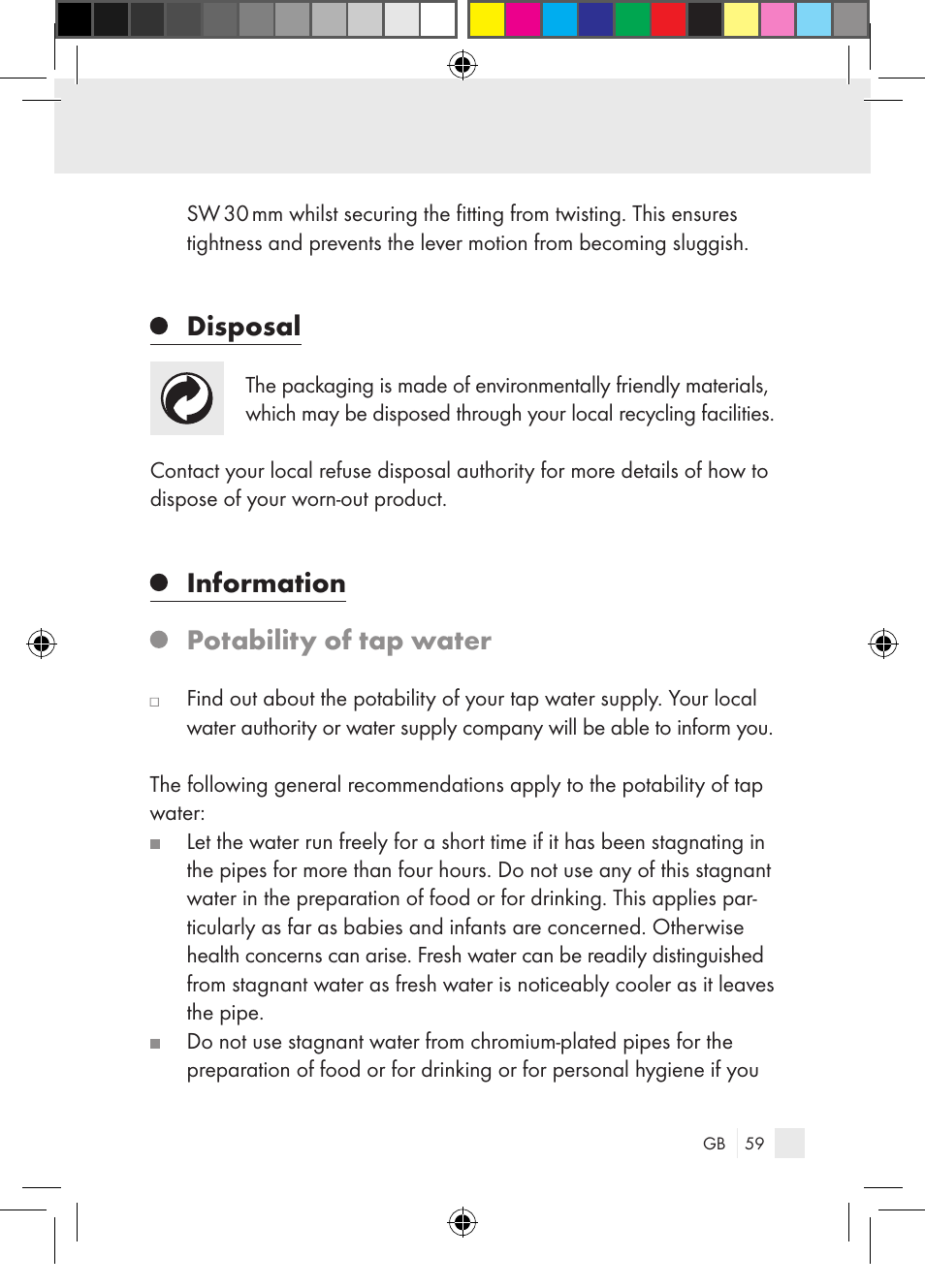 Disposal, Information potability of tap water | Miomare Single-lever mixer User Manual | Page 59 / 65