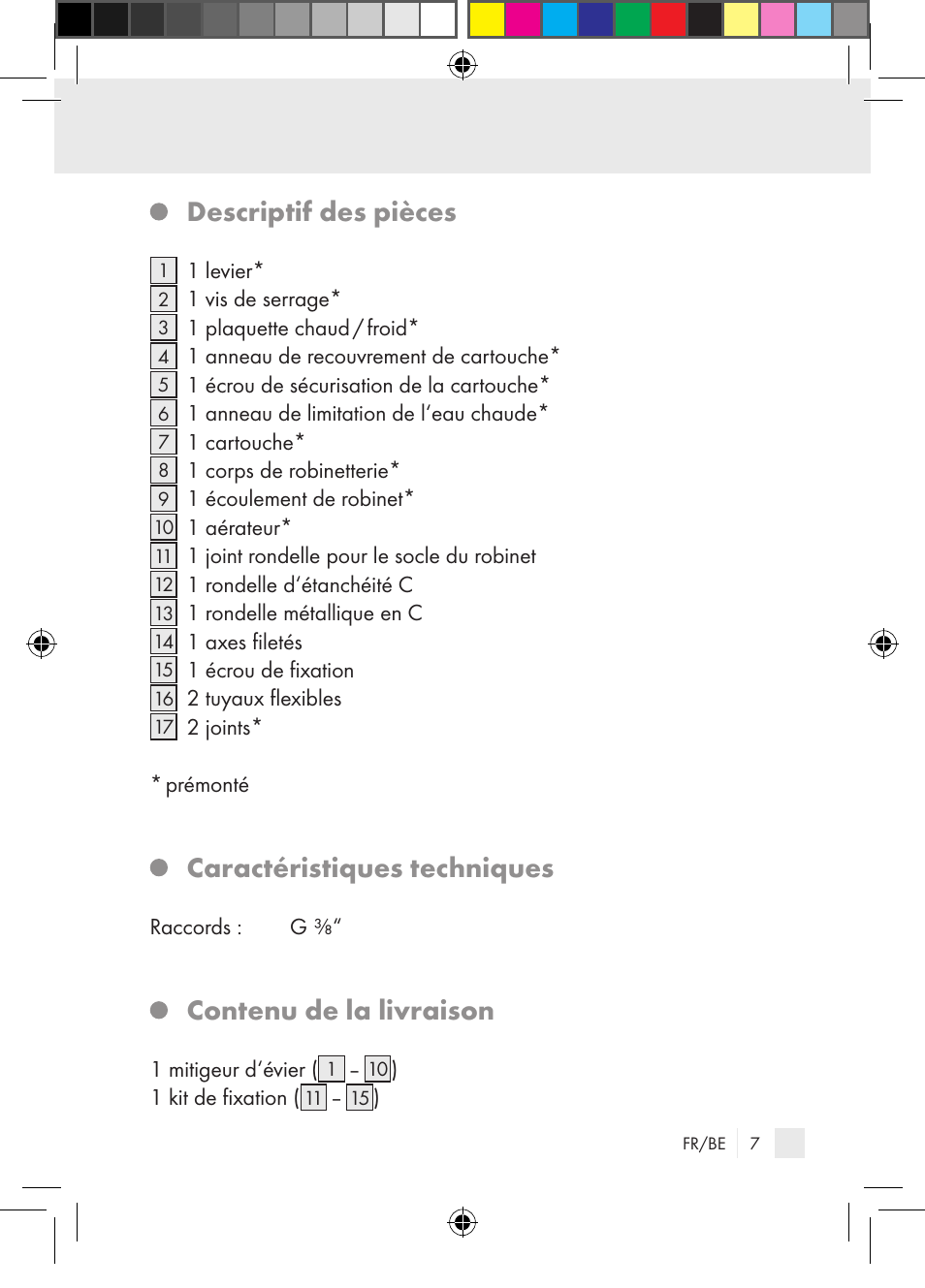 Descriptif des pièces, Caractéristiques techniques, Contenu de la livraison | Miomare Single-lever mixer User Manual | Page 7 / 65