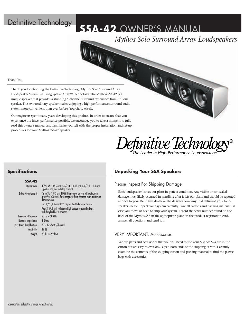 Definitive Technology MYTHOS SOLO SURROUND ARRAY LOUDSPEAKERS SSA-42 User Manual | 4 pages