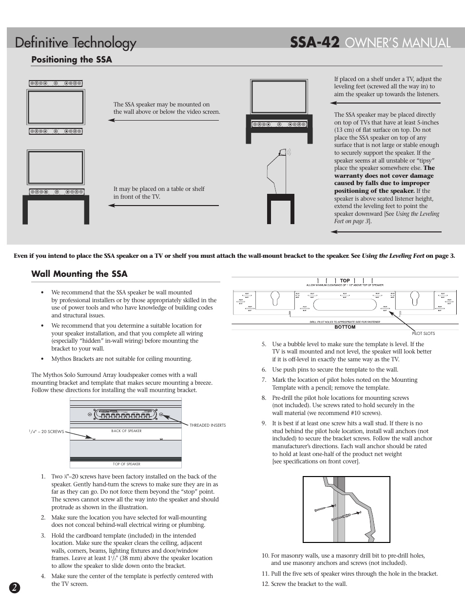 Ssa-42, Definitive technology, Owner’s manual | Wall mounting the ssa, Positioning the ssa | Definitive Technology MYTHOS SOLO SURROUND ARRAY LOUDSPEAKERS SSA-42 User Manual | Page 2 / 4