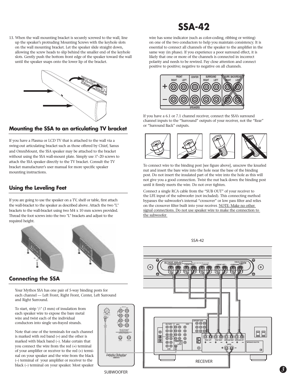 Ssa-42, Owner’s manual, Mounting the ssa to an articulating tv bracket | Using the leveling feet, Connecting the ssa, Ssa-42 subwoofer, Receiver | Definitive Technology MYTHOS SOLO SURROUND ARRAY LOUDSPEAKERS SSA-42 User Manual | Page 3 / 4