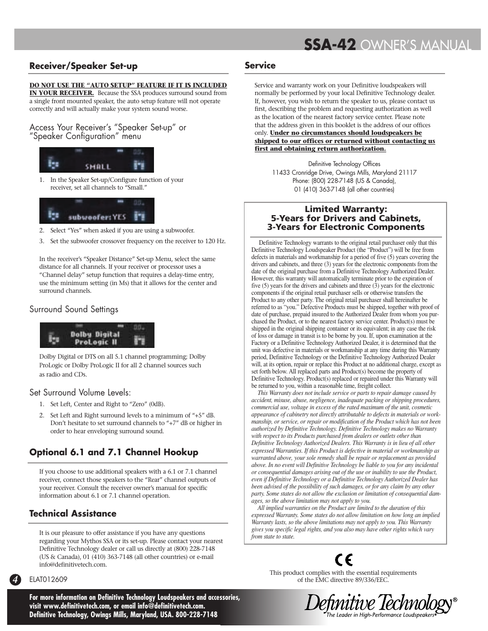 Ssa-42, Owner’s manual | Definitive Technology MYTHOS SOLO SURROUND ARRAY LOUDSPEAKERS SSA-42 User Manual | Page 4 / 4