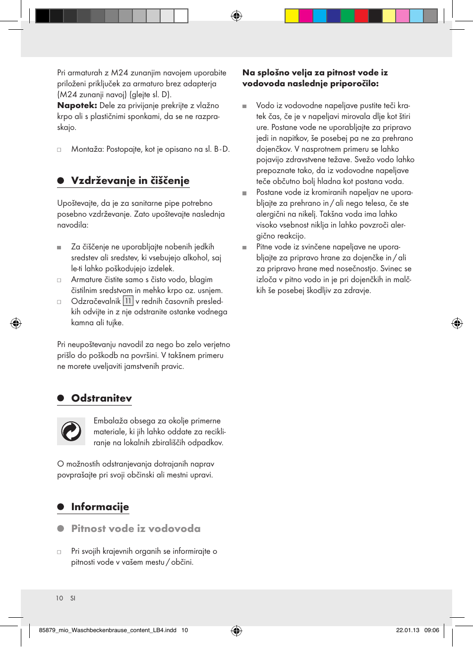 Vzdrževanje in čiščenje, Odstranitev, Informacije pitnost vode iz vodovoda | Miomare Z31386 User Manual | Page 10 / 19