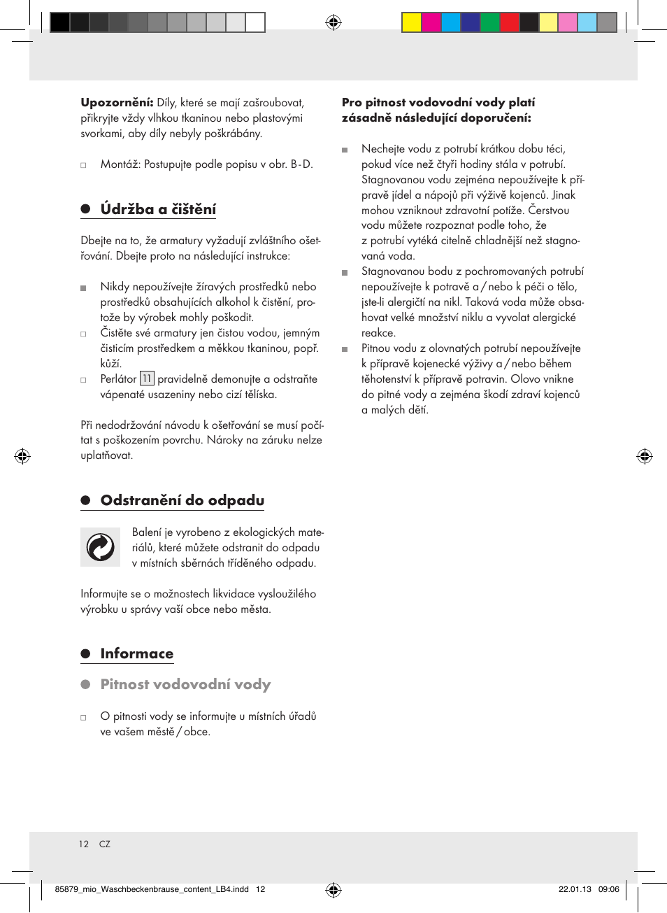 Údržba a čištění, Odstranění do odpadu, Informace pitnost vodovodní vody | Miomare Z31386 User Manual | Page 12 / 19