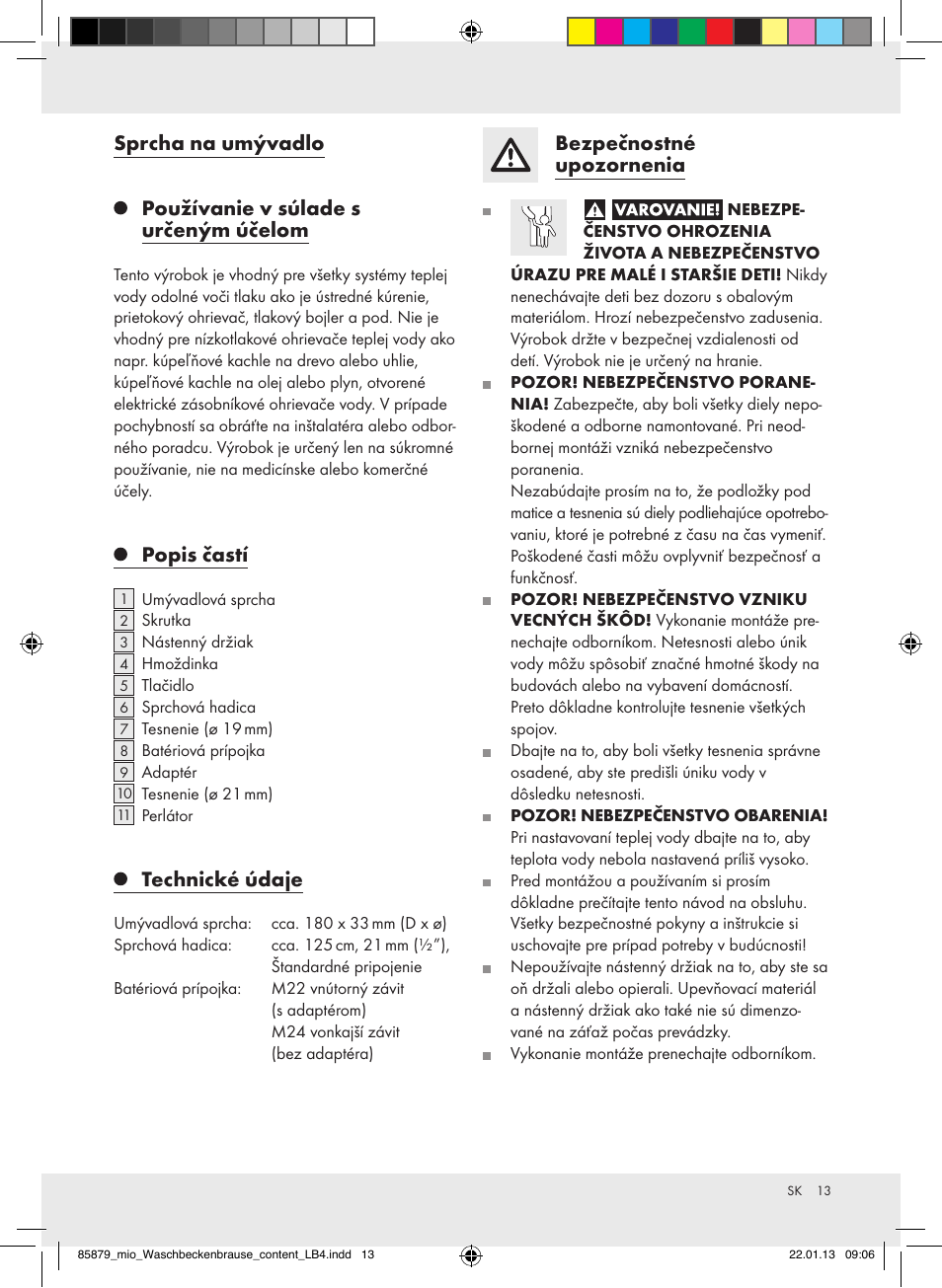 Popis častí, Technické údaje, Bezpečnostné upozornenia | Miomare Z31386 User Manual | Page 13 / 19