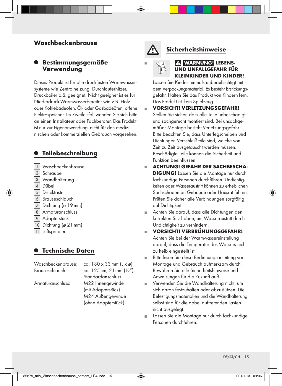 Waschbeckenbrause bestimmungsgemäße verwendung, Teilebeschreibung, Technische daten | Sicherheitshinweise | Miomare Z31386 User Manual | Page 15 / 19