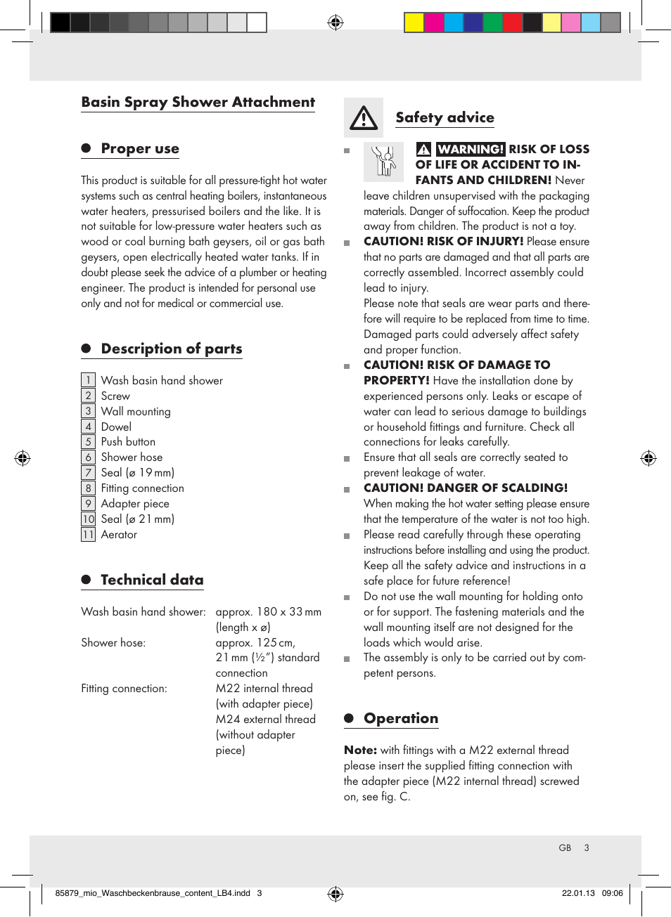Basin spray shower attachment proper use, Description of parts, Technical data | Safety advice, Operation | Miomare Z31386 User Manual | Page 3 / 19