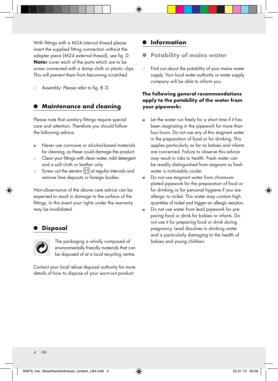 Maintenance and cleaning, Disposal, Information potability of mains water | Miomare Z31386 User Manual | Page 4 / 19