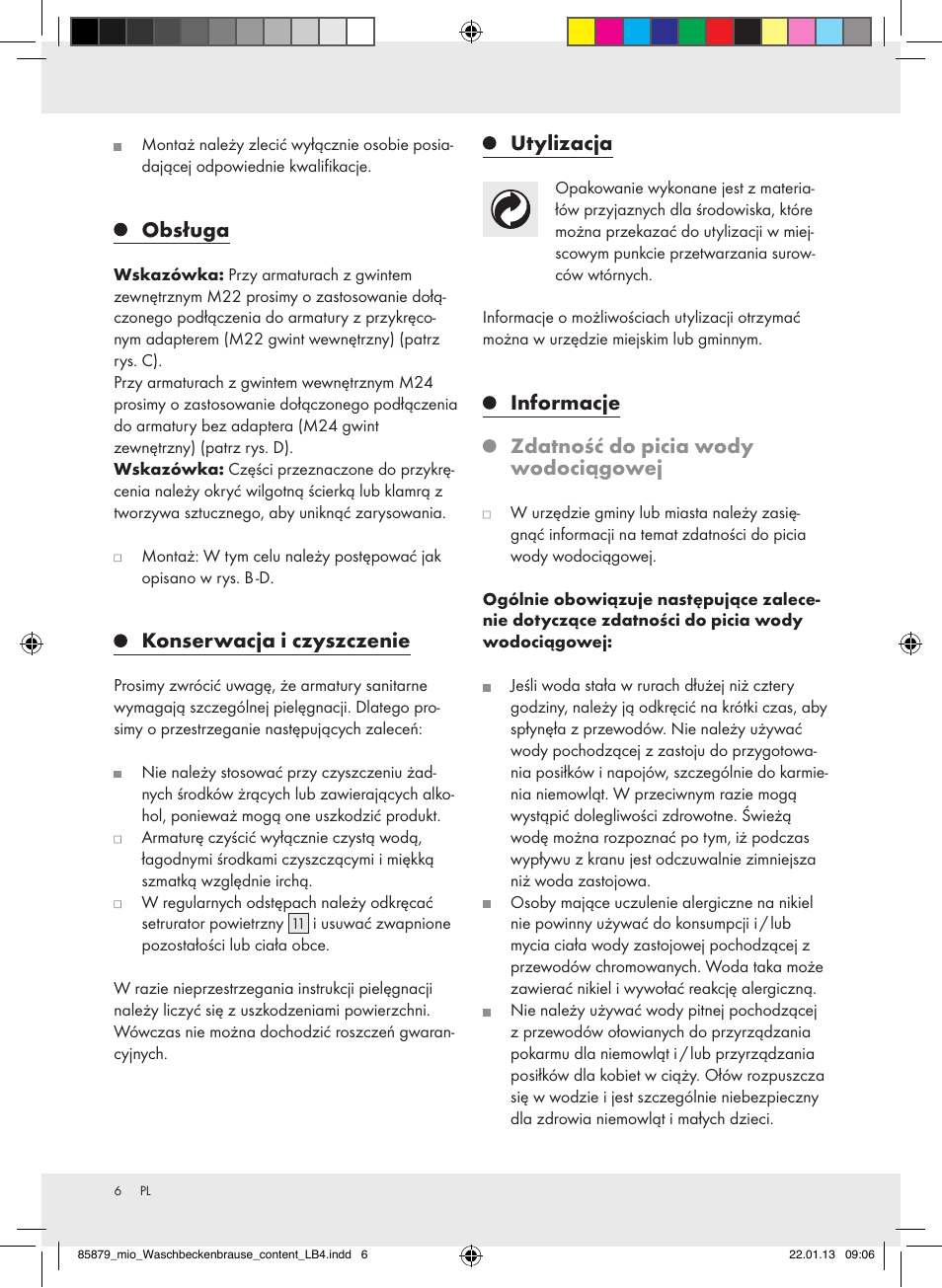 Obsługa, Konserwacja i czyszczenie, Utylizacja | Informacje zdatność do picia wody wodociągowej | Miomare Z31386 User Manual | Page 6 / 19