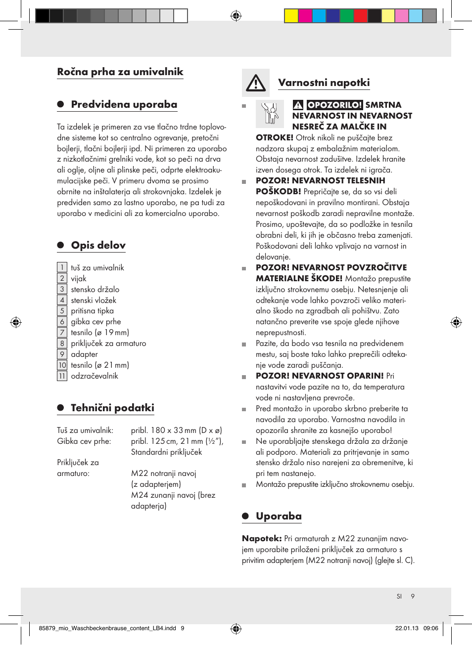 Ročna prha za umivalnik predvidena uporaba, Opis delov, Tehnični podatki | Varnostni napotki, Uporaba | Miomare Z31386 User Manual | Page 9 / 19