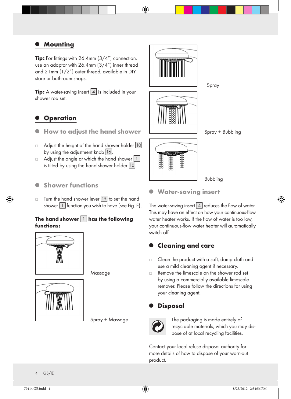 Mounting, Operation, How to adjust the hand shower | Shower functions, Water-saving insert, Cleaning and care, Disposal | Miomare Z29601GB User Manual | Page 4 / 8