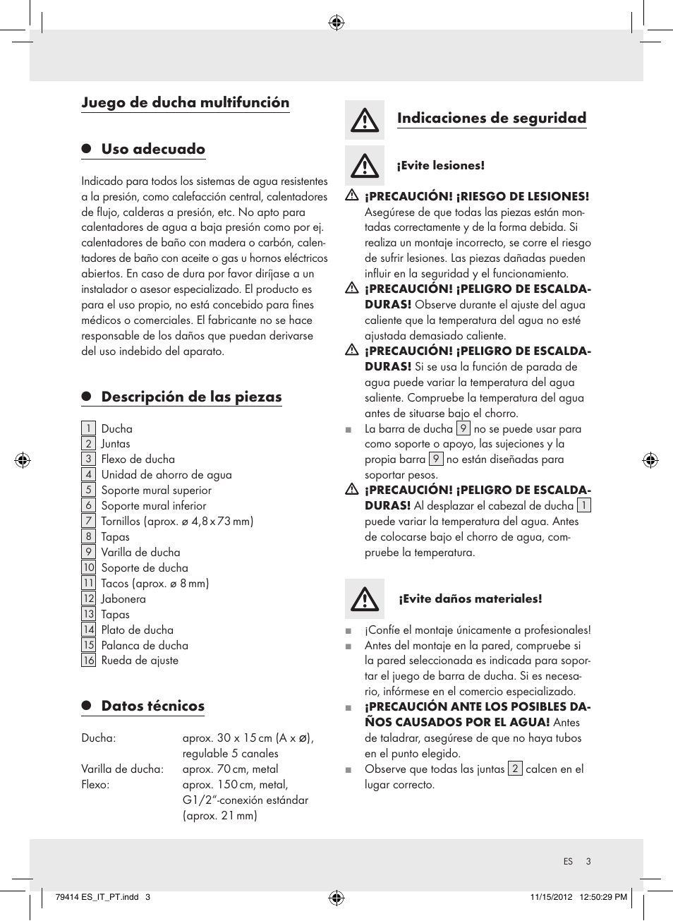 Juego de ducha multifunción, Uso adecuado, Descripción de las piezas | Datos técnicos, Indicaciones de seguridad | Miomare Z29601GB User Manual | Page 3 / 20