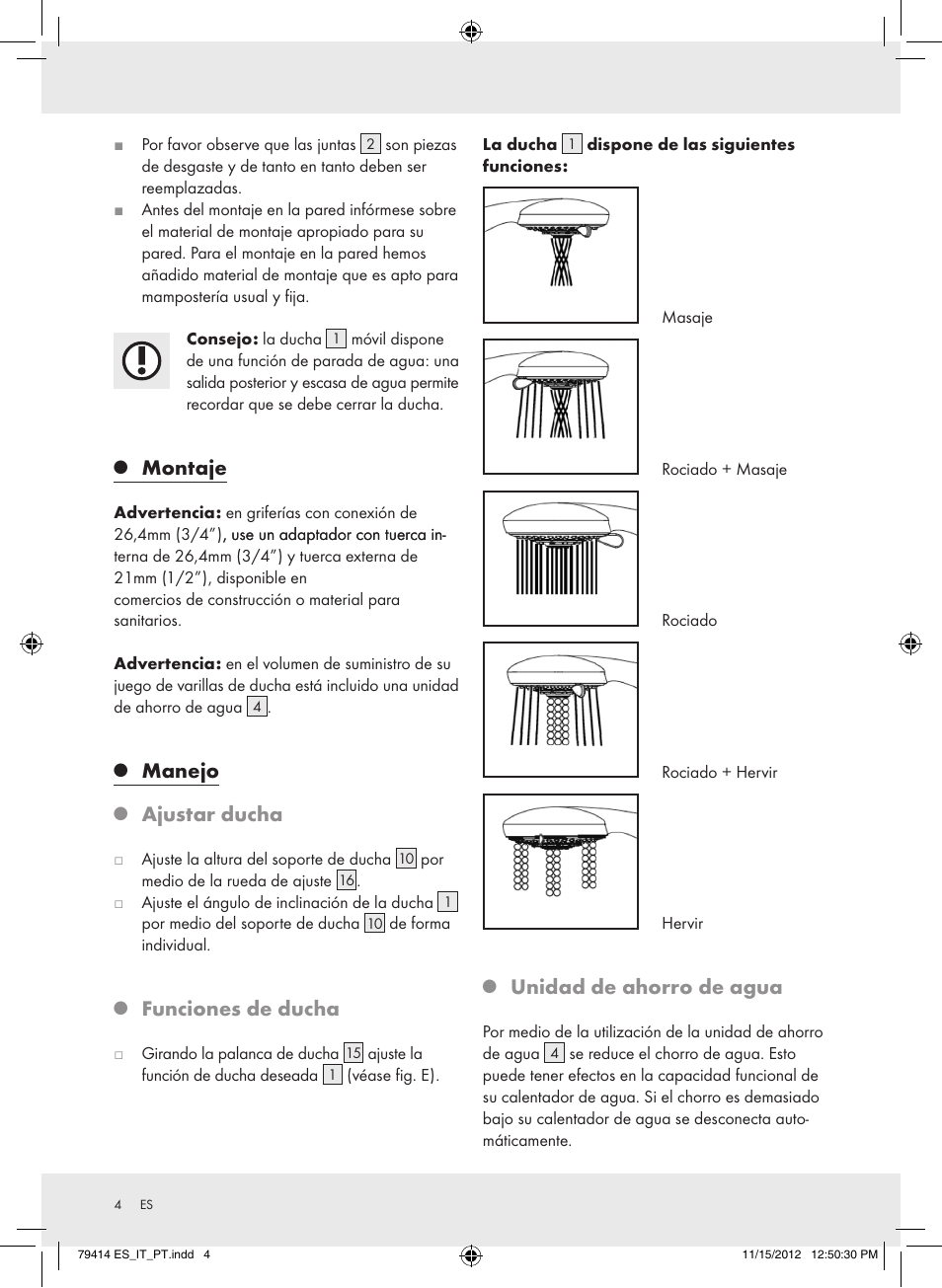 Montaje, Manejo, Ajustar ducha | Funciones de ducha, Unidad de ahorro de agua | Miomare Z29601GB User Manual | Page 4 / 20