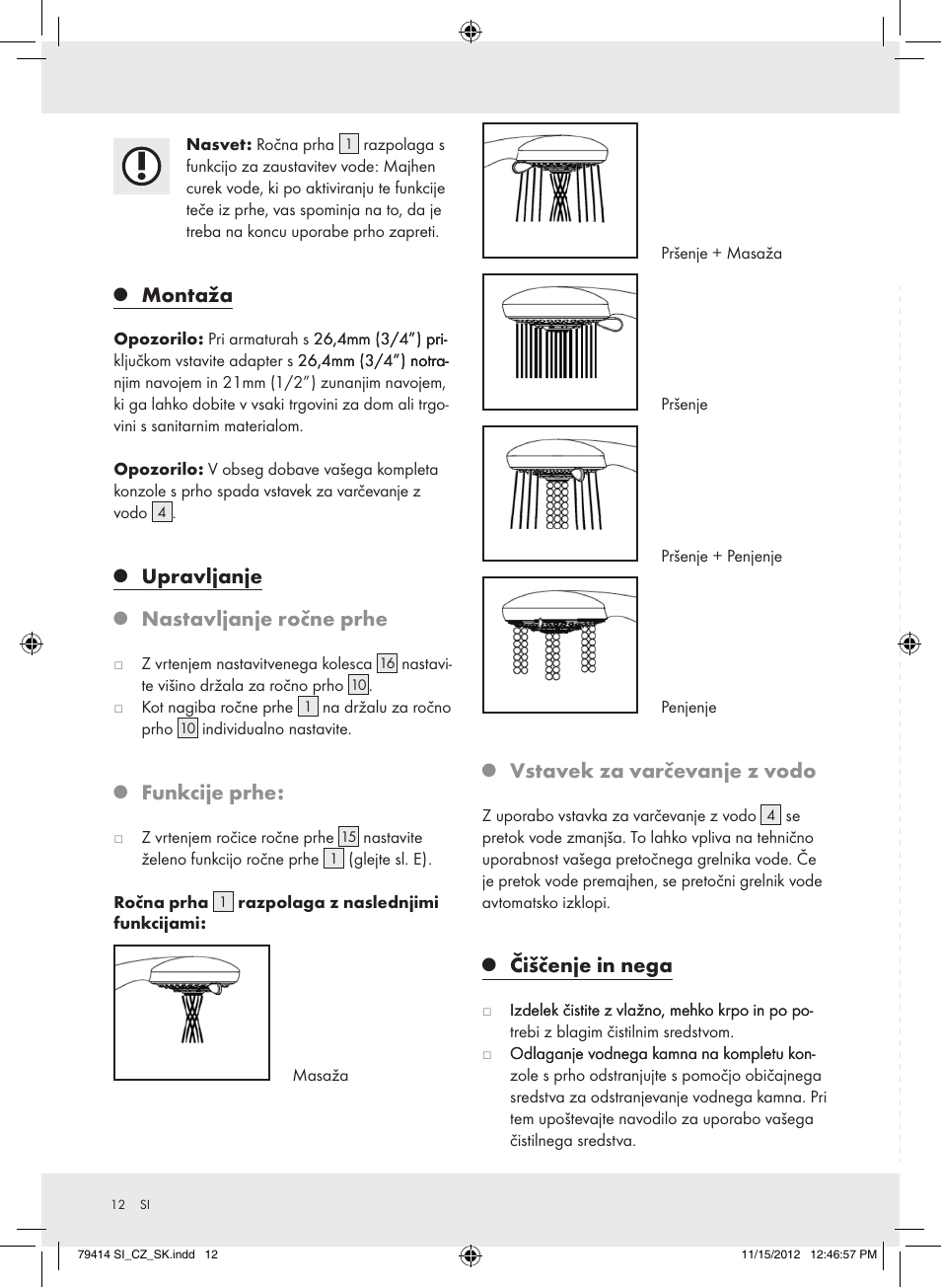 Montaža, Upravljanje, Nastavljanje ročne prhe | Funkcije prhe, Vstavek za varčevanje z vodo, Čiščenje in nega | Miomare Z29601GB User Manual | Page 12 / 26