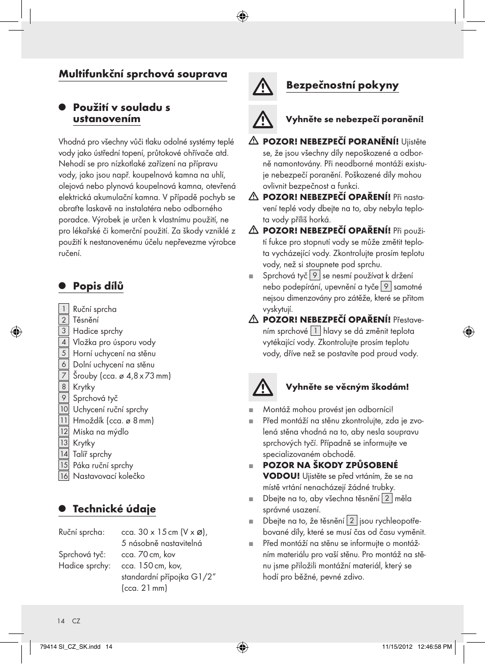 Multifunkční sprchová souprava, Použití v souladu s ustanovením, Popis dílů | Technické údaje, Bezpečnostní pokyny | Miomare Z29601GB User Manual | Page 14 / 26