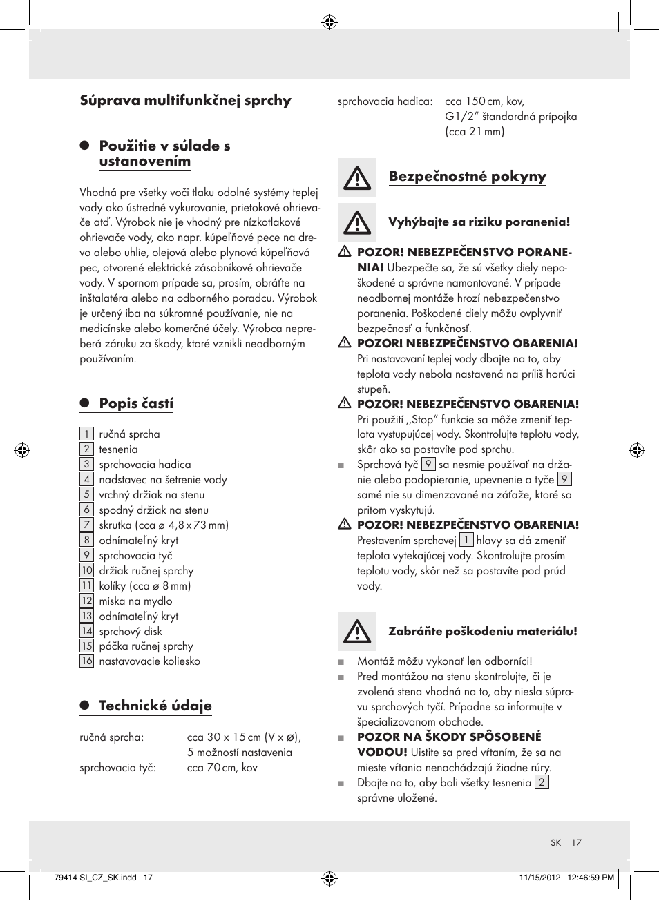 Súprava multifunkčnej sprchy, Použitie v súlade s ustanovením, Popis častí | Technické údaje, Bezpečnostné pokyny | Miomare Z29601GB User Manual | Page 17 / 26