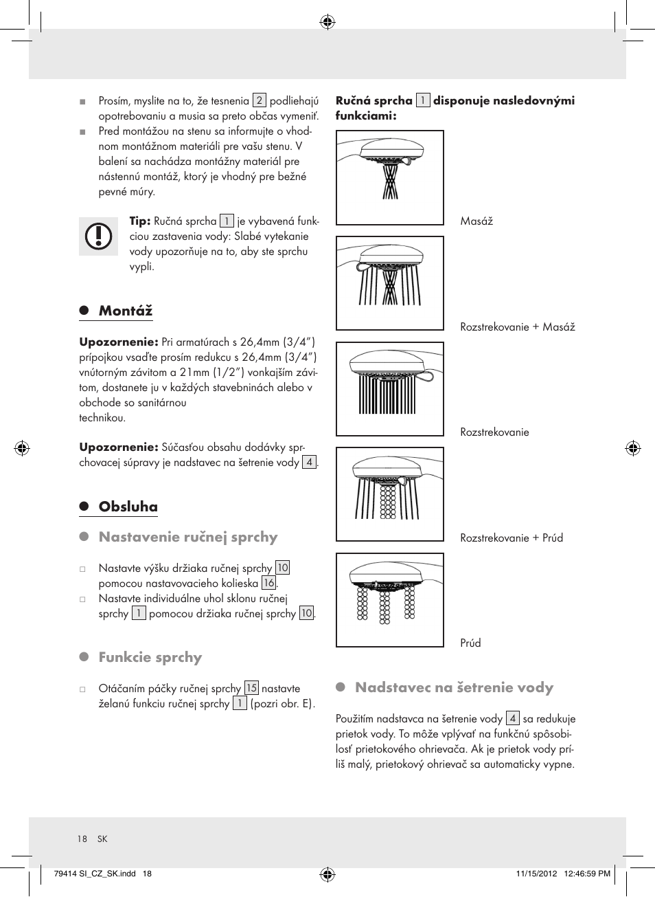 Montáž, Obsluha, Nastavenie ručnej sprchy | Funkcie sprchy, Nadstavec na šetrenie vody | Miomare Z29601GB User Manual | Page 18 / 26