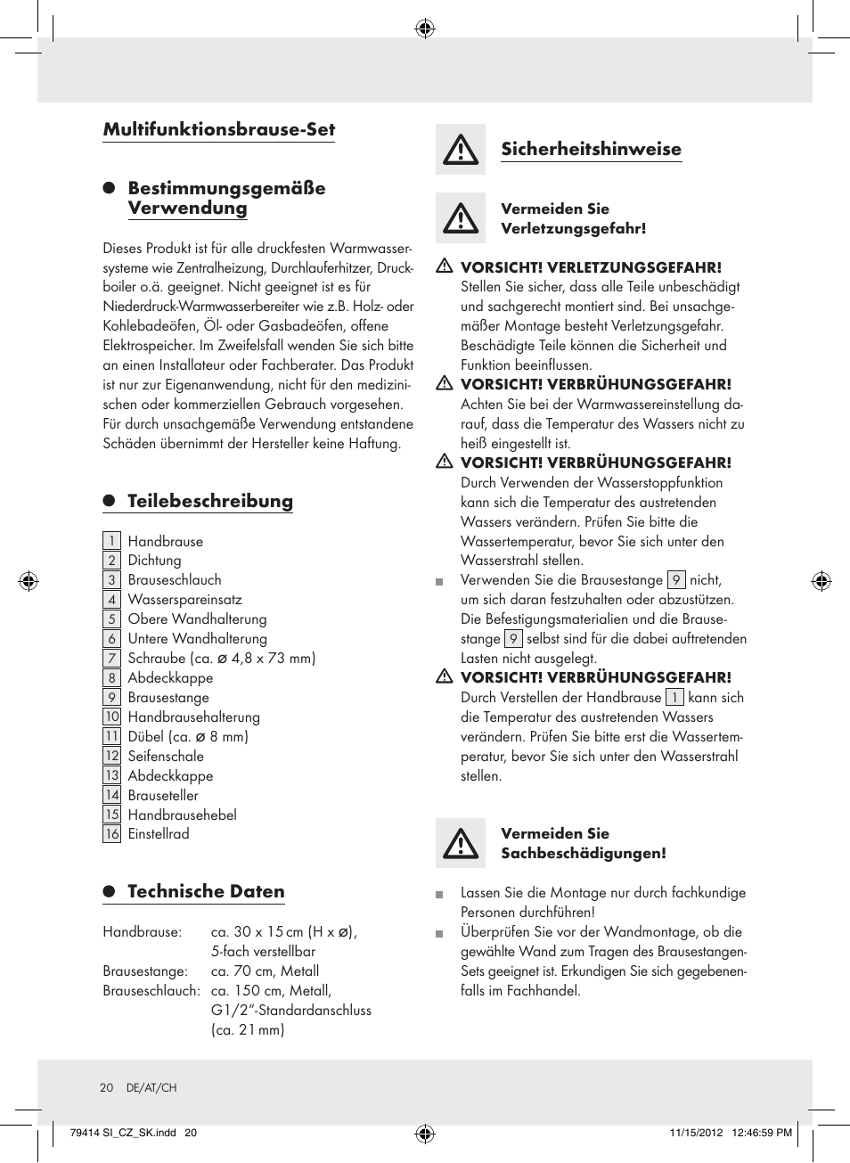 Teilebeschreibung, Technische daten, Sicherheitshinweise | Miomare Z29601GB User Manual | Page 20 / 26
