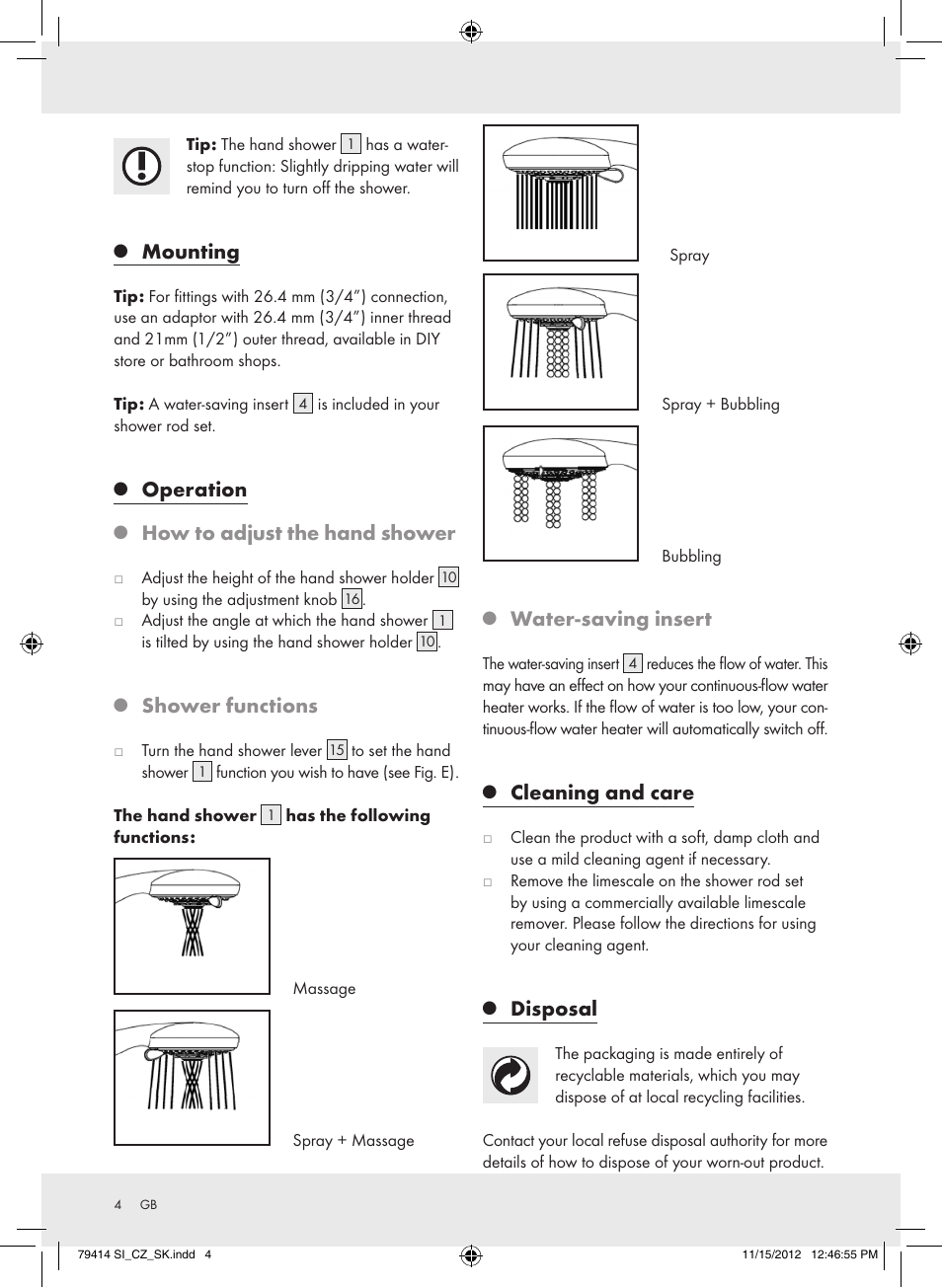 Mounting, Operation, How to adjust the hand shower | Shower functions, Water-saving insert, Cleaning and care, Disposal | Miomare Z29601GB User Manual | Page 4 / 26