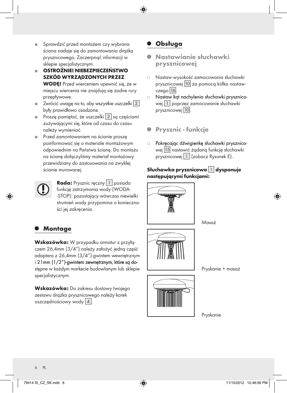 Montage, Obsługa, Nastawianie słuchawki prysznicowej | Prysznic - funkcje | Miomare Z29601GB User Manual | Page 6 / 26