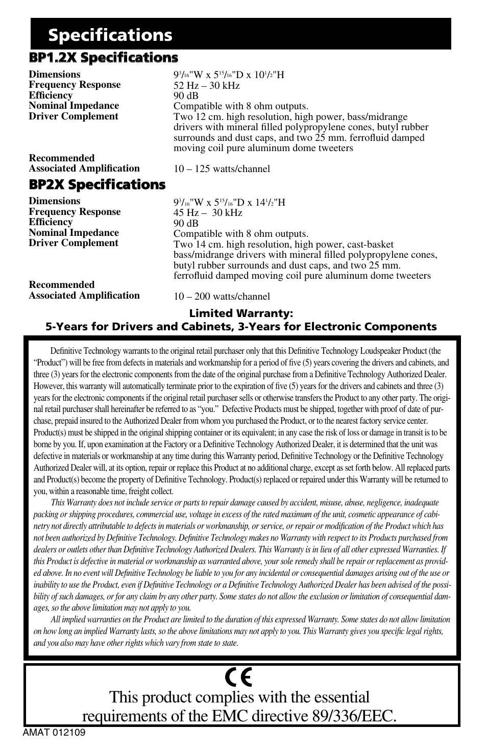 Specifications, Bbp p2 2x x s sp pe ec ciifi fic ca attiio on ns s | Definitive Technology BP2X User Manual | Page 4 / 4