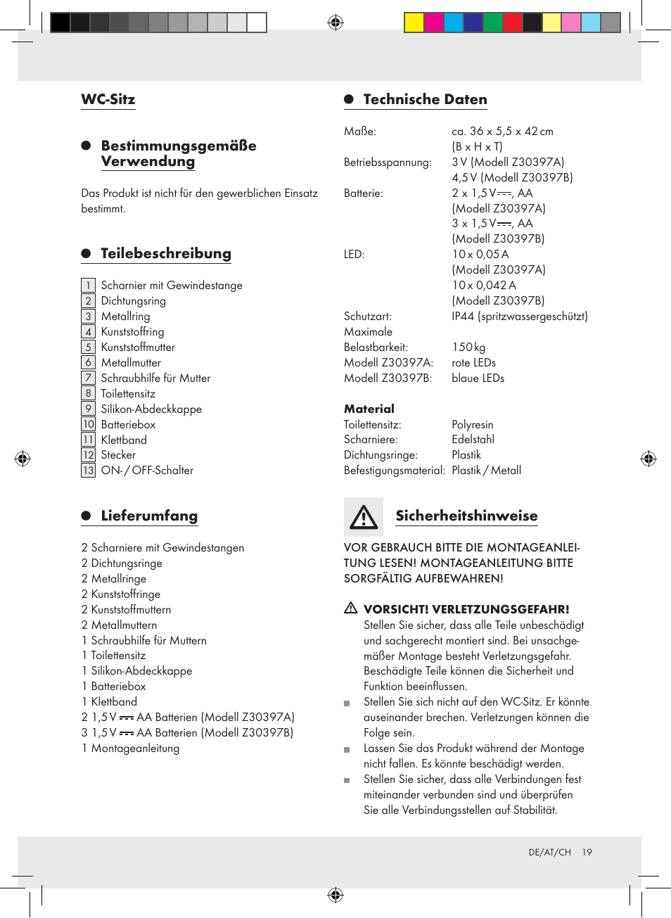 Wc-sitz, Bestimmungsgemäße verwendung, Teilebeschreibung | Lieferumfang, Technische daten, Sicherheitshinweise | Miomare Z30397A Z30397B User Manual | Page 19 / 27