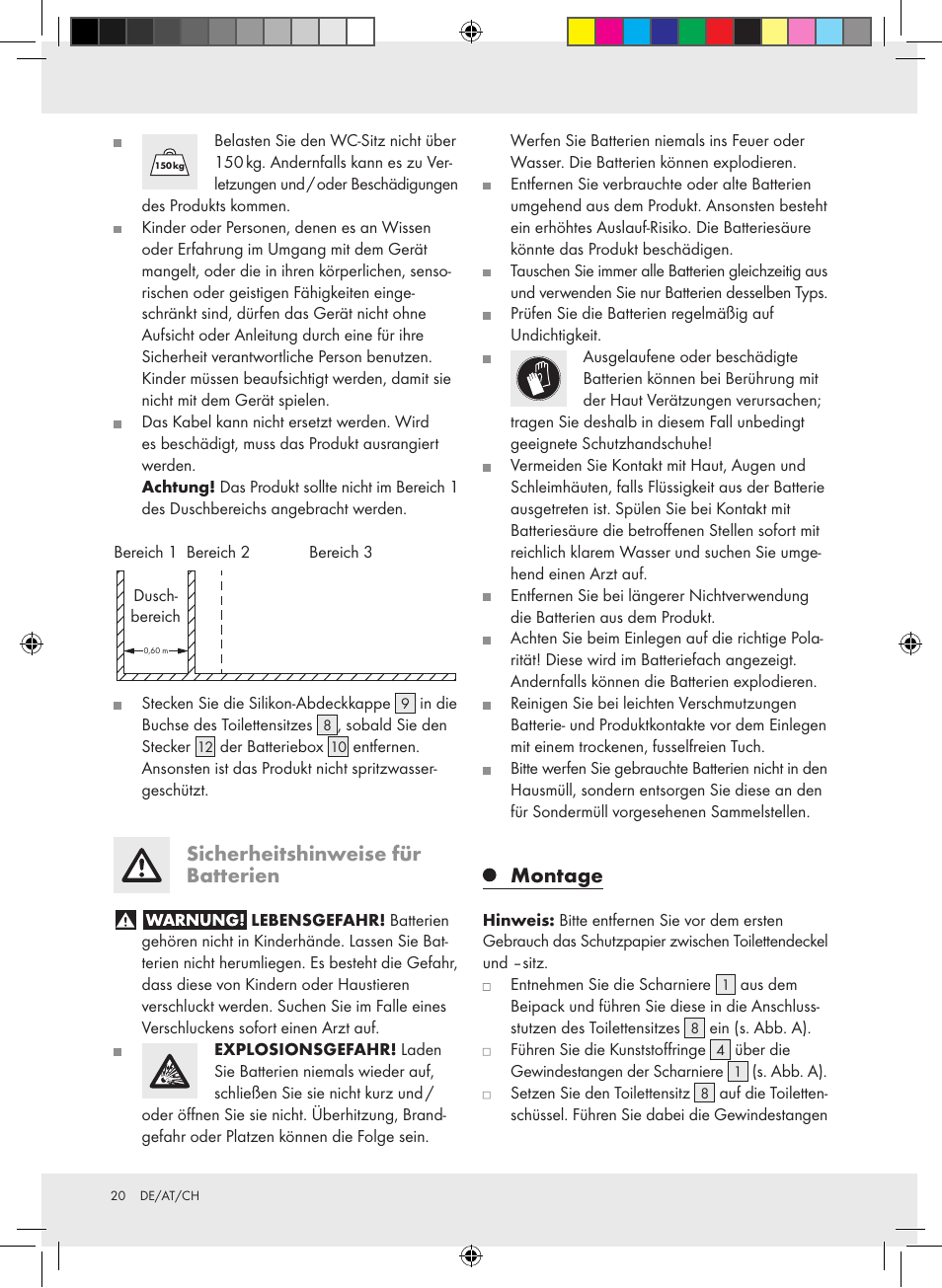 Sicherheitshinweise für batterien, Montage | Miomare Z30397A Z30397B User Manual | Page 20 / 27