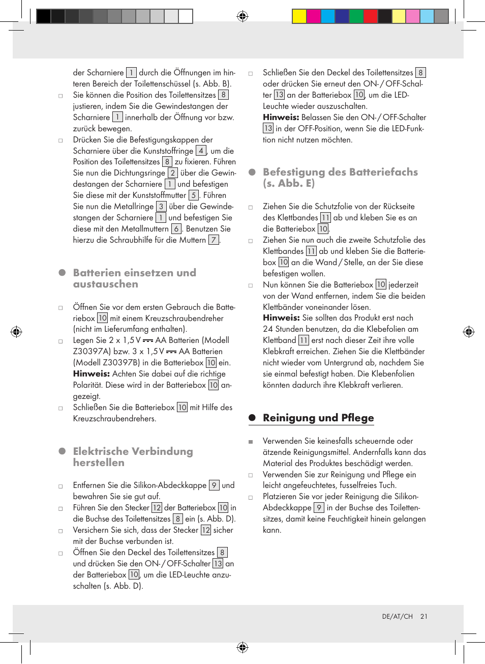 Batterien einsetzen und austauschen, Elektrische verbindung herstellen, Befestigung des batteriefachs (s. abb. e) | Reinigung und pflege | Miomare Z30397A Z30397B User Manual | Page 21 / 27