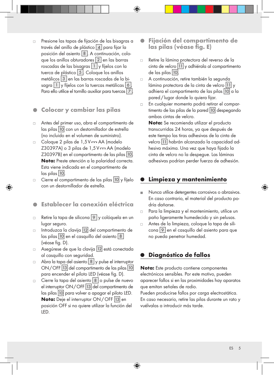 Colocar y cambiar las pilas, Establecer la conexión eléctrica, Limpieza y mantenimiento | Diagnóstico de fallos | Miomare Z30397A Z30397B User Manual | Page 5 / 27