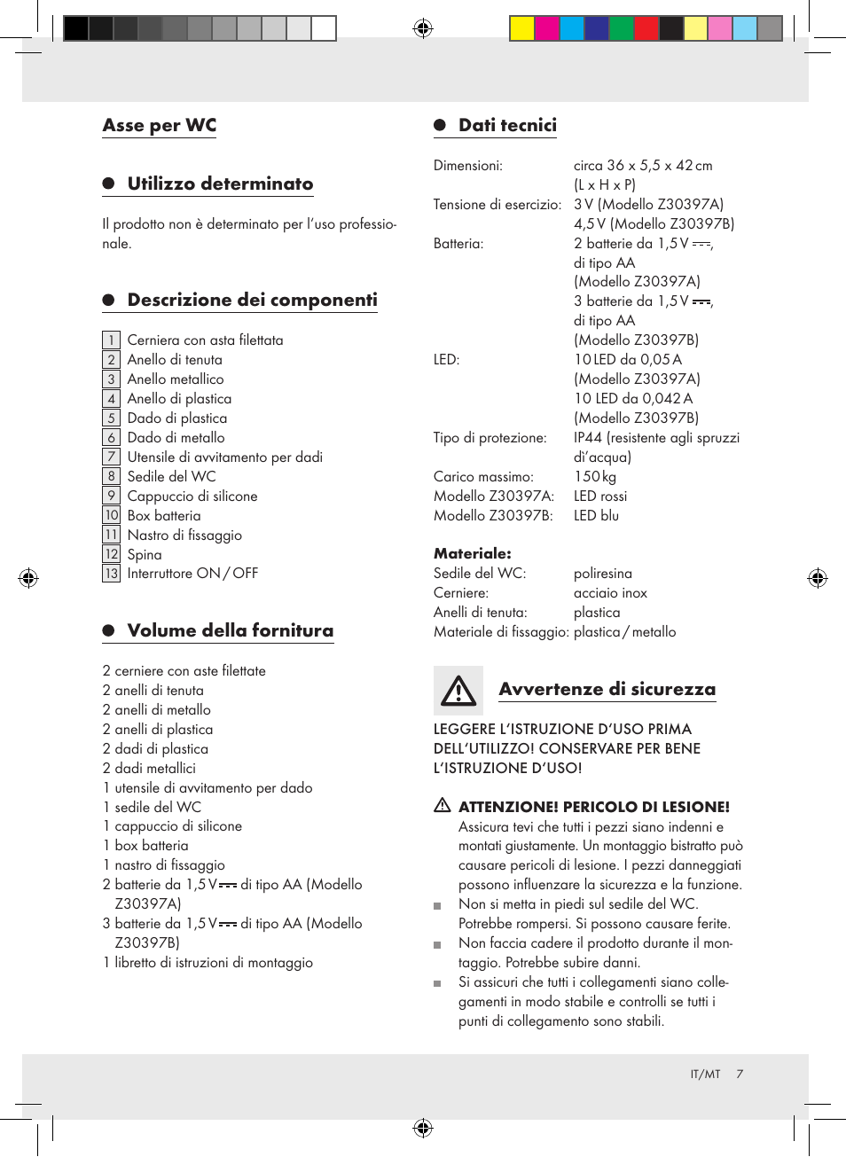 Asse per wc, Utilizzo determinato, Descrizione dei componenti | Volume della fornitura, Dati tecnici, Avvertenze di sicurezza | Miomare Z30397A Z30397B User Manual | Page 7 / 27