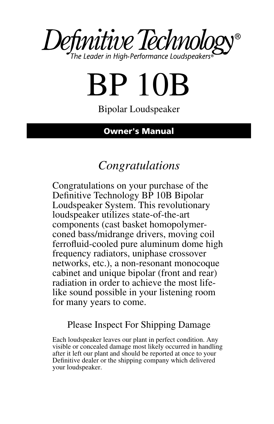 Definitive Technology BP10B User Manual | 6 pages