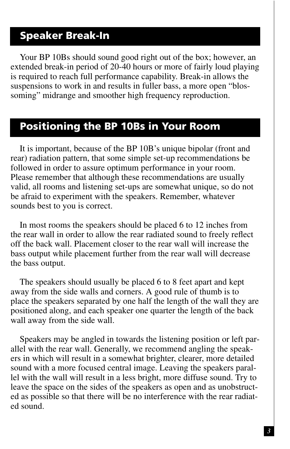 Speaker break-in, Positioning the bp 10bs in your room | Definitive Technology BP10B User Manual | Page 4 / 6