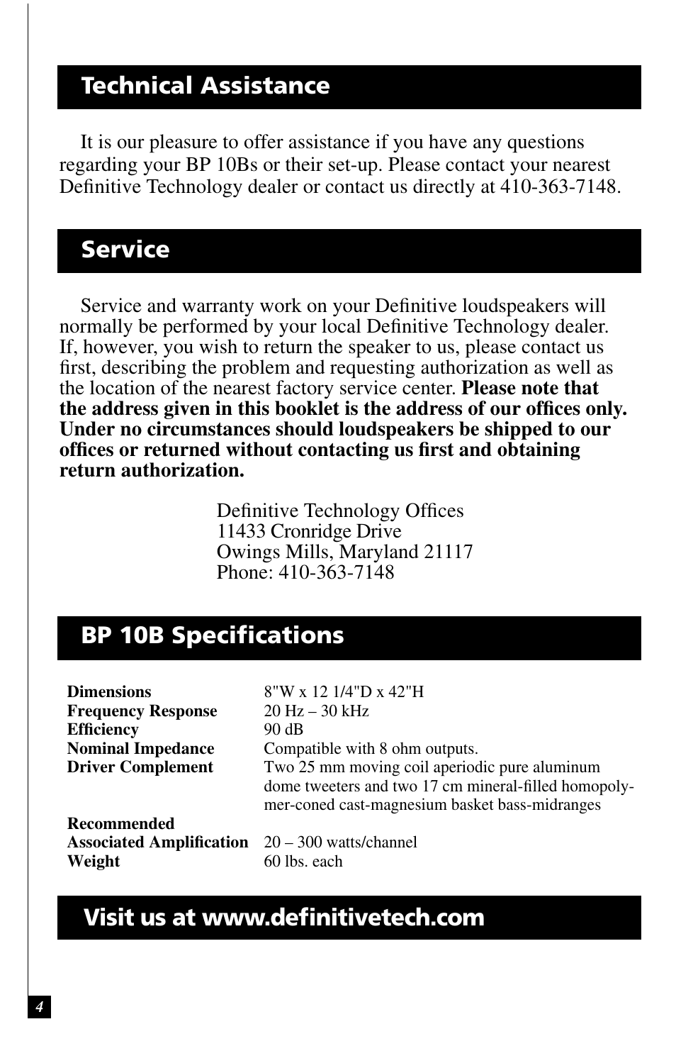 Technical assistance service | Definitive Technology BP10B User Manual | Page 5 / 6