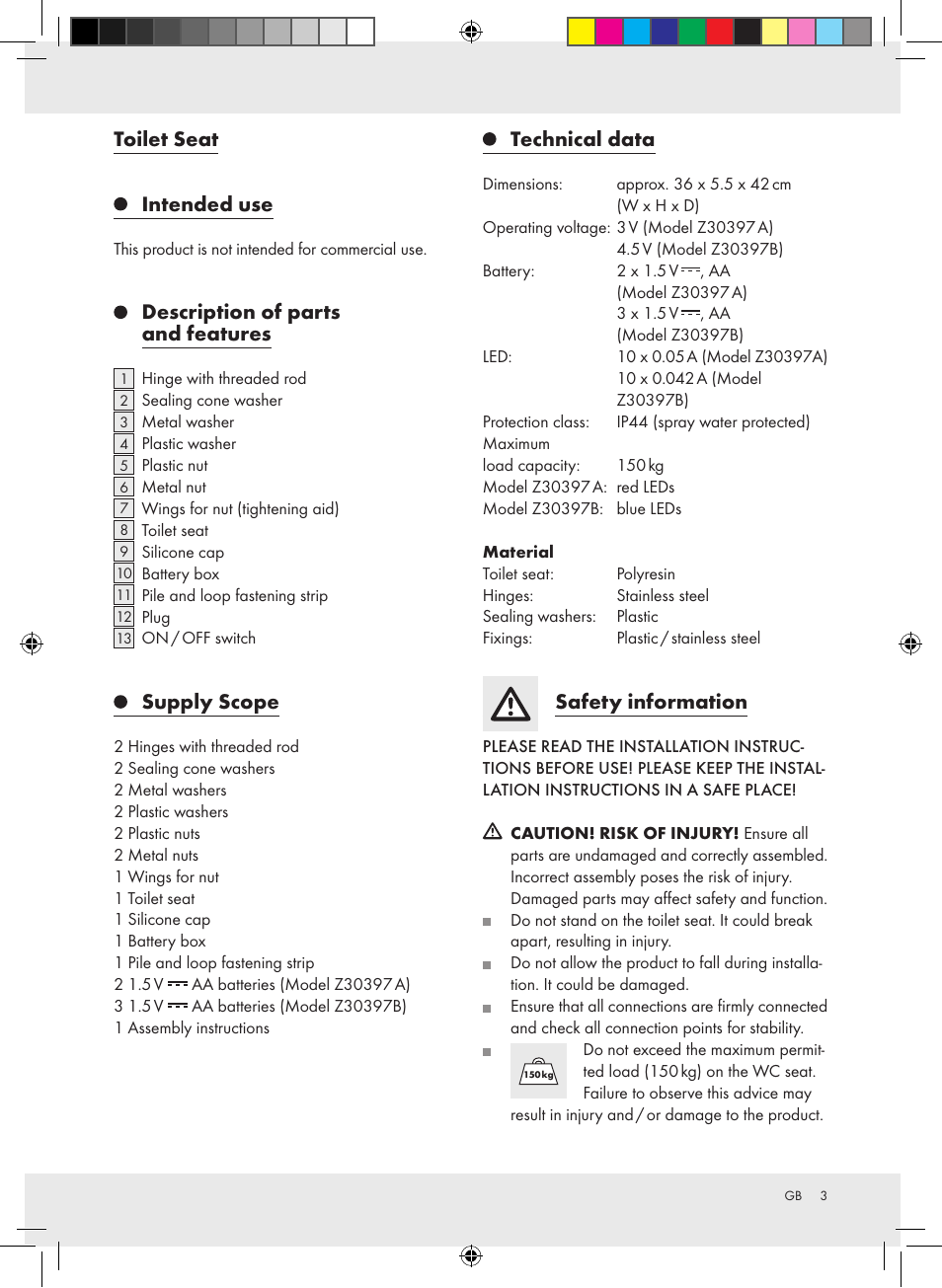 Toilet seat, Intended use, Description of parts and features | Supply scope, Technical data, Safety information | Miomare Z30397A Z30397B User Manual | Page 3 / 35