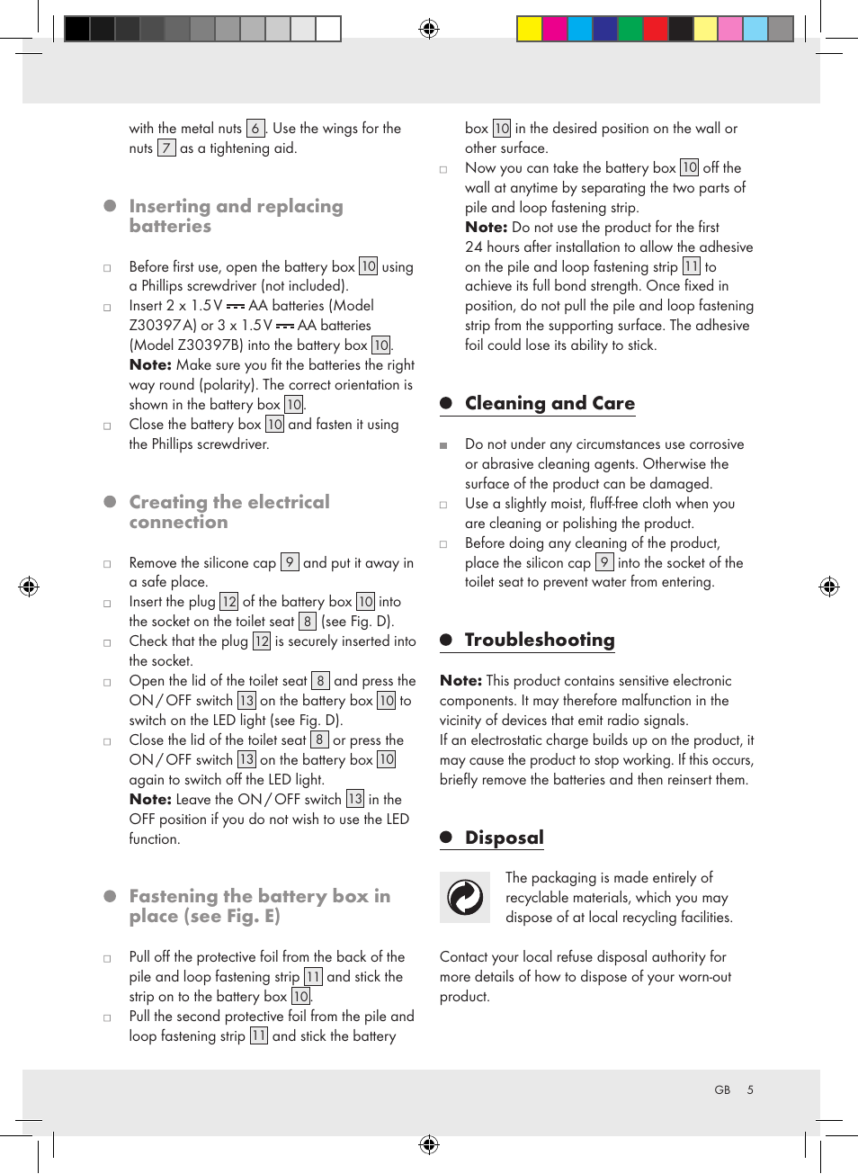 Inserting and replacing batteries, Creating the electrical connection, Fastening the battery box in place (see fig. e) | Cleaning and care, Troubleshooting, Disposal | Miomare Z30397A Z30397B User Manual | Page 5 / 35