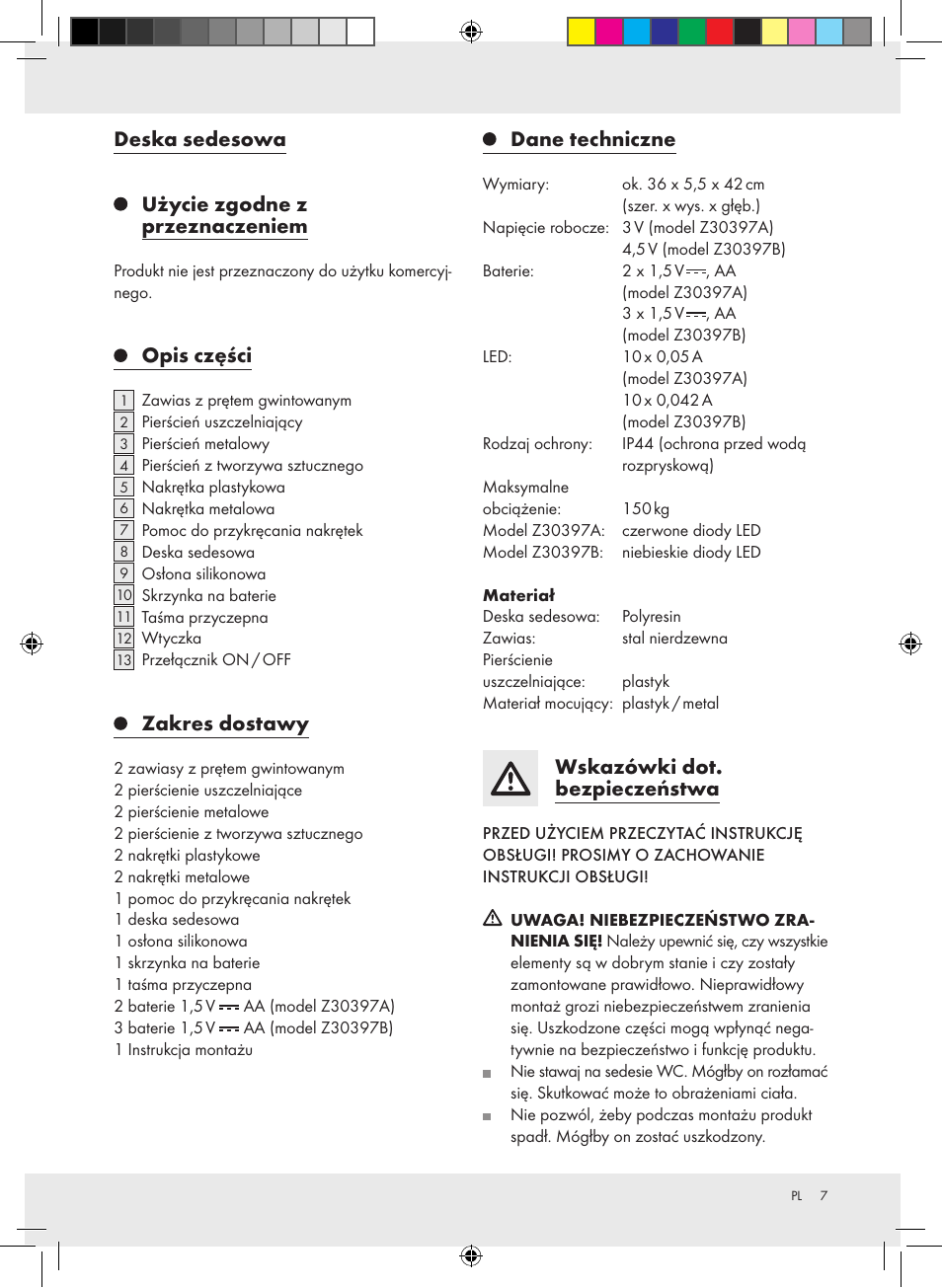 Deska sedesowa, Użycie zgodne z przeznaczeniem, Opis części | Zakres dostawy, Dane techniczne, Wskazówki dot. bezpieczeństwa | Miomare Z30397A Z30397B User Manual | Page 7 / 35