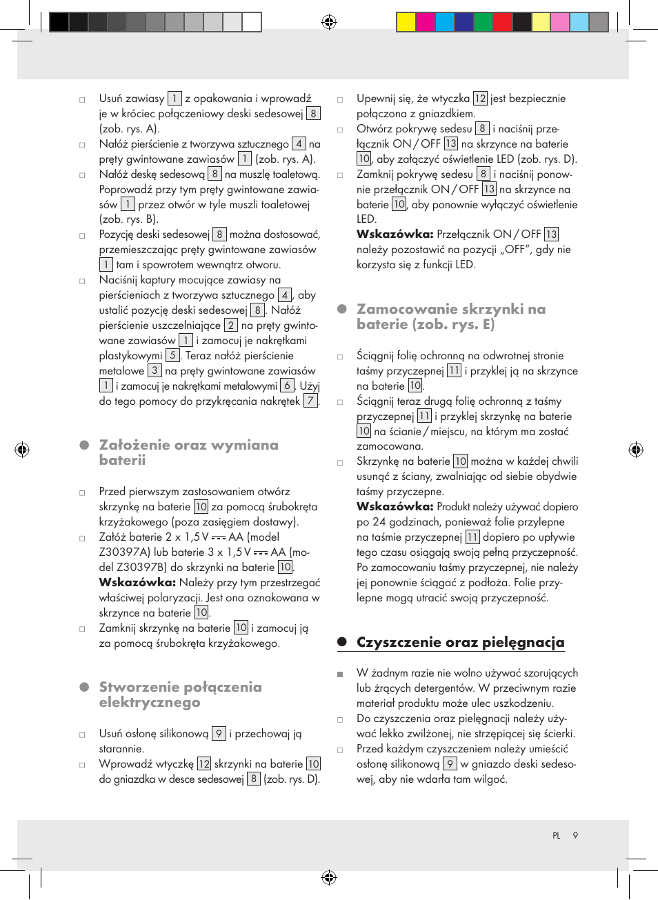 Założenie oraz wymiana baterii, Stworzenie połączenia elektrycznego, Zamocowanie skrzynki na baterie (zob. rys. e) | Czyszczenie oraz pielęgnacja | Miomare Z30397A Z30397B User Manual | Page 9 / 35