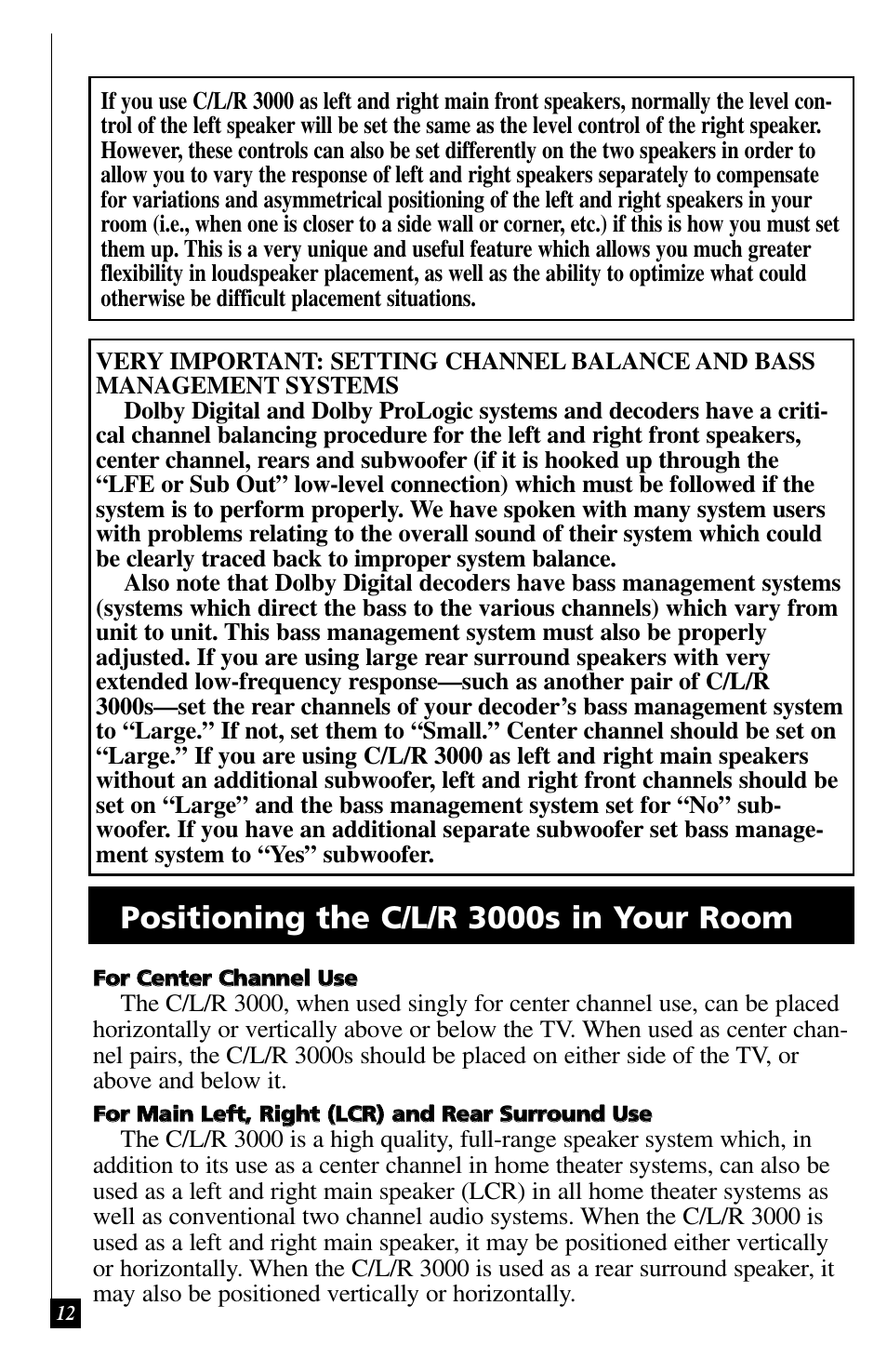 Positioning the c/l/r 3000s in your room | Definitive Technology C/L/R 3000 User Manual | Page 12 / 14