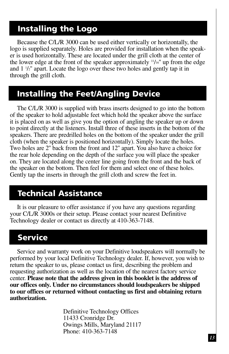 Service | Definitive Technology C/L/R 3000 User Manual | Page 13 / 14