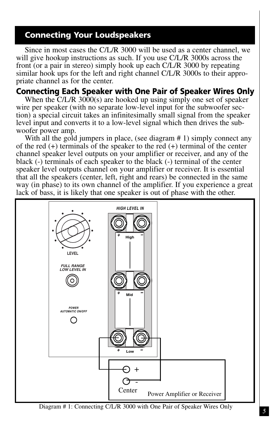 Connecting your loudspeakers, Center | Definitive Technology C/L/R 3000 User Manual | Page 5 / 14