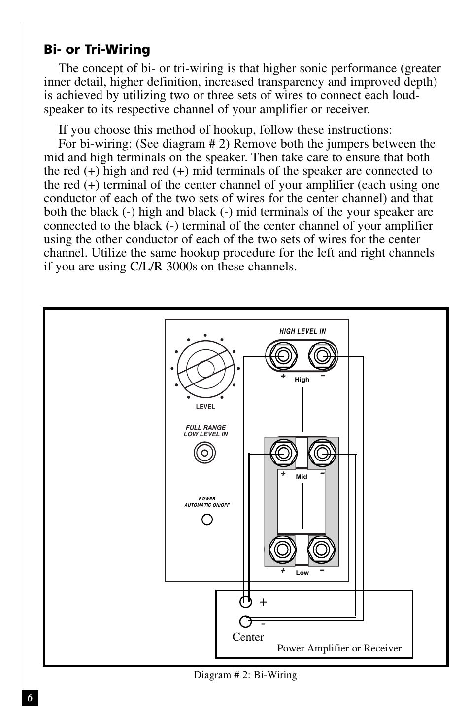 Center, Power amplifier or receiver diagram # 2: bi-wiring | Definitive Technology C/L/R 3000 User Manual | Page 6 / 14