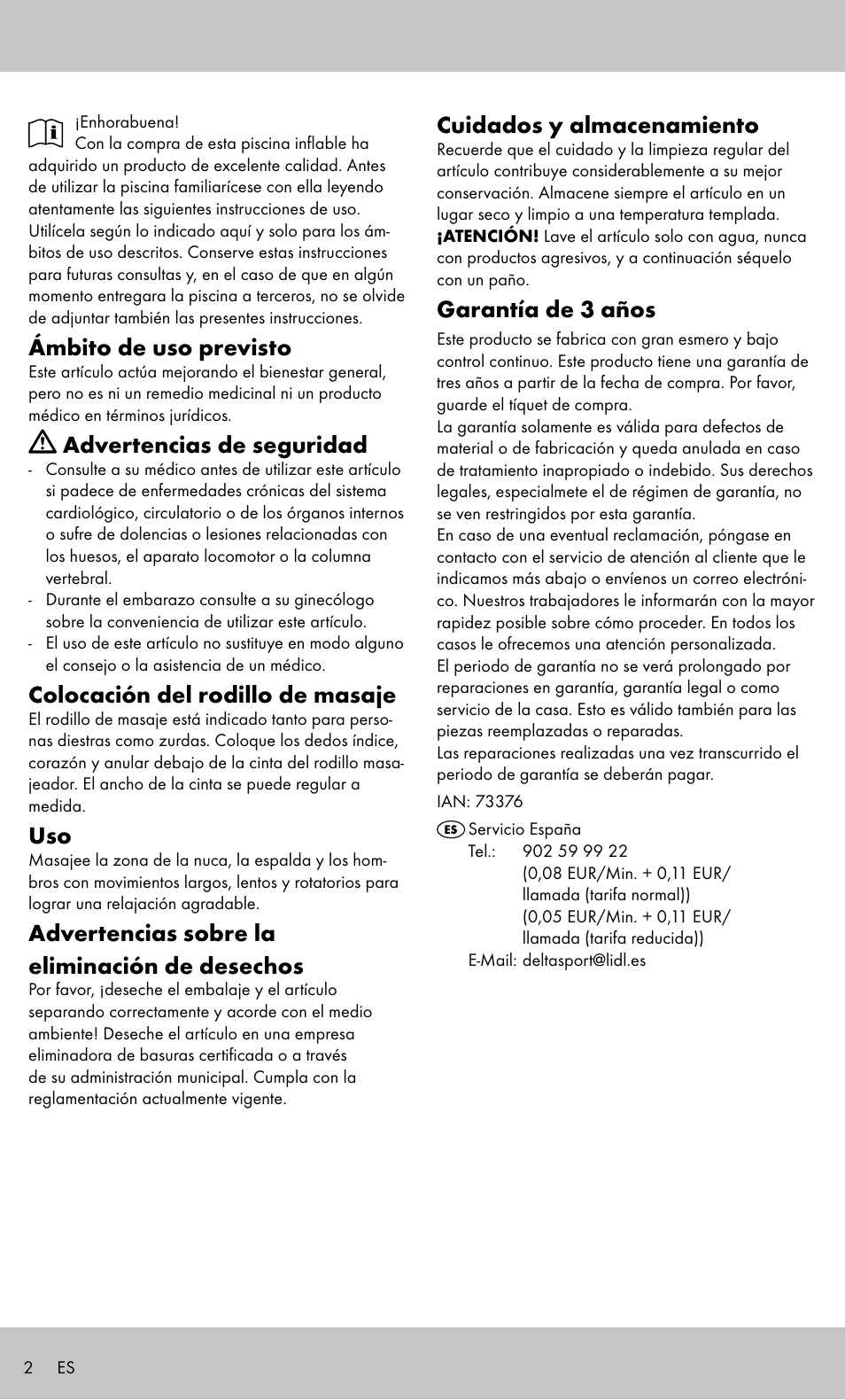 Ámbito de uso previsto, Advertencias de seguridad, Colocación del rodillo de masaje | Advertencias sobre la eliminación de desechos, Cuidados y almacenamiento, Garantía de 3 años | Miomare MH-1424 User Manual | Page 2 / 8