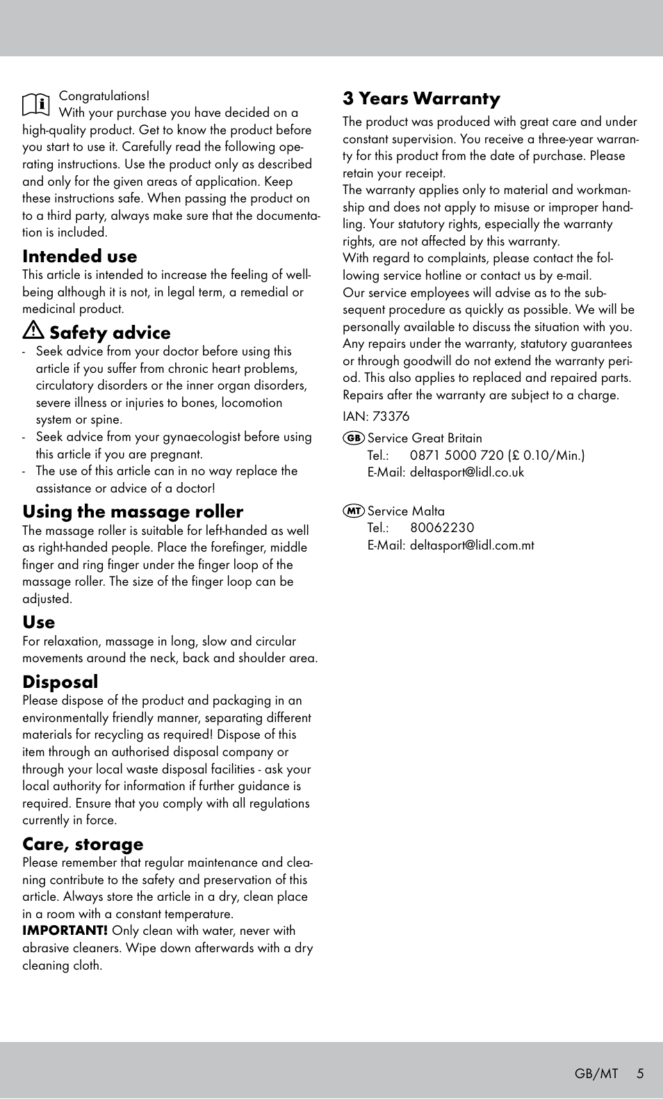 Intended use, Safety advice, Using the massage roller | Disposal, Care, storage, 3 years warranty | Miomare MH-1424 User Manual | Page 5 / 8