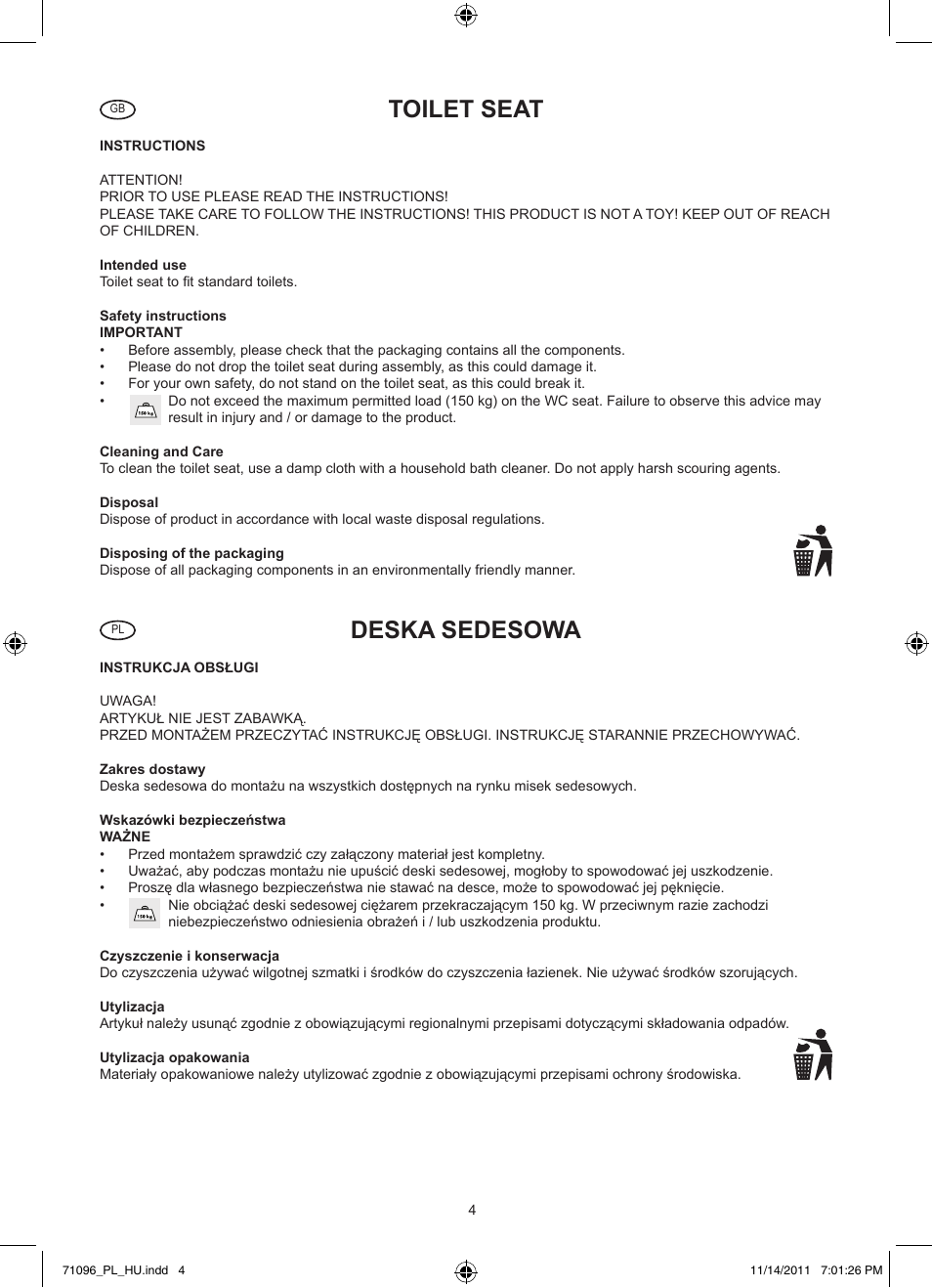 Toilet seat, Deska sedesowa | Miomare Z30830 User Manual | Page 4 / 7